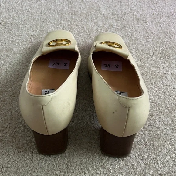 Celine Cream Leather Square-Toe Pumps with Gold Logo Plaque - Picture 5 of 12
